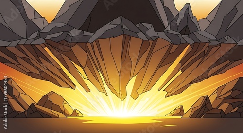 Cartoon Landscape with Mountains and Bright Light.