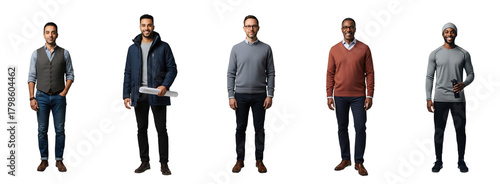 Diverse professional men: antique owner, engineer, narrator, counselor, fitness trainer, isolated on transparent background. Perfect for business presentations, career guides, diversity initiatives,