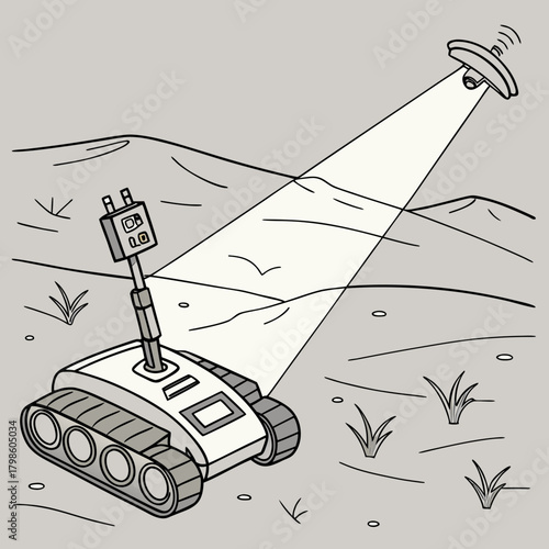 Autonomous rover exploring a sparse landscape with its sensor array, symbolizing innovation and future technology, ready for exploration and discovery missions