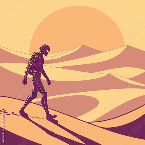 Brave astronaut exploring alien desert landscape under a setting sun, navigating the dunes in search of new life and thrilling discoveries on Mars