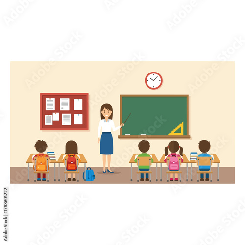 A cheerful classroom scene with a teacher instructing young students at their desks, featuring a blackboard and bulletin board