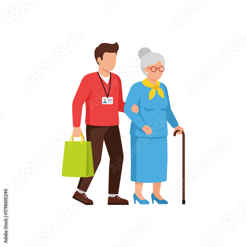 Caring young man with shopping bag assists elderly woman walking with a cane, providing support and companionship illustration