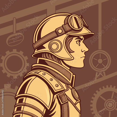 Steampunk engineer in helmet and goggles with gears, a retro futuristic industrial design with a vintage aesthetic and imaginative mechanical elements