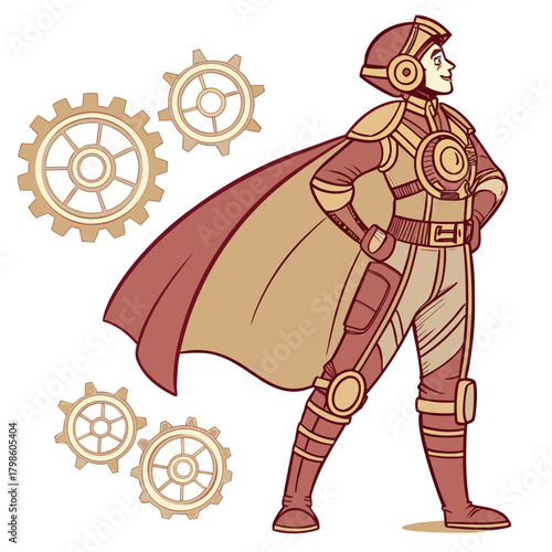 Steampunk hero ready for action, a vintage inspired defender with gears and cape offers a retro tech vibe great for sci-fi and fantasy themes