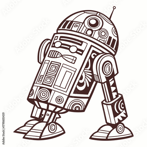 Whimsical robot design with detailed line work, perfect for creative projects and children's illustrations, bringing a touch of futuristic charm