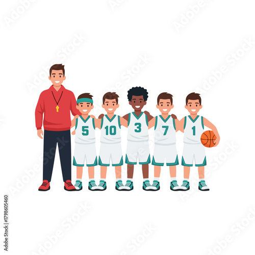 Diverse young basketball team and their coach posing together smiling happily, representing teamwork and sportsmanship, isolated on white background