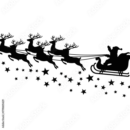 Santa Claus flying sleigh with reindeer silhouette across starry night sky Christmas celebration greeting card design