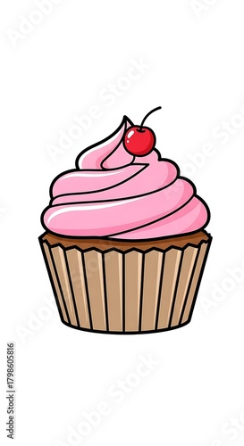 Delicious Pink Frosted Cupcake with Cherry Topping.