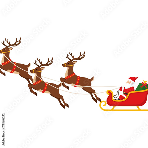 Santa Claus Riding Sleigh Pulled By Reindeer Flying Through The Sky Delivering Presents Christmas Eve Celebration