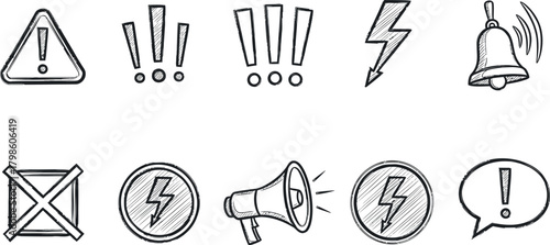Vector Illustration of Hand-Drawn Warning, Alert, Notification, and Communication Icons Set with Scribble Style