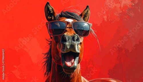 サングラスをして驚いた表情をしている馬　赤色の背景　AI生成素材