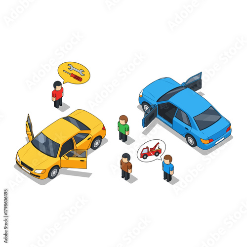 Isometric illustration of people near broken cars with tow truck and tools symbols representing repair and assistance