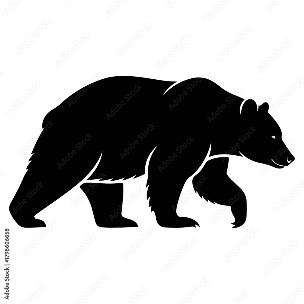 Fototapeta premium Stylized Black Silhouette of a Walking Bear with Detailed Outline and Paw Prints on a White Background