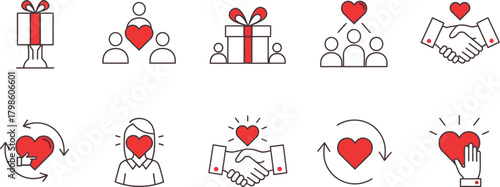 Vector Illustration of Giving, Love, Charity, and Community Icons Set. Heart, Gift, Donation, Partnership, Support Symbols.
