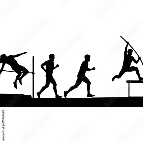 Silhouette of Athletes Competing in Track and Field High Jump and Pole Vault Events