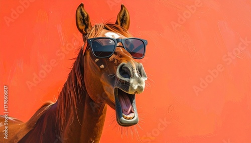 サングラスをして驚いた表情をしている馬　赤色の背景　AI生成素材