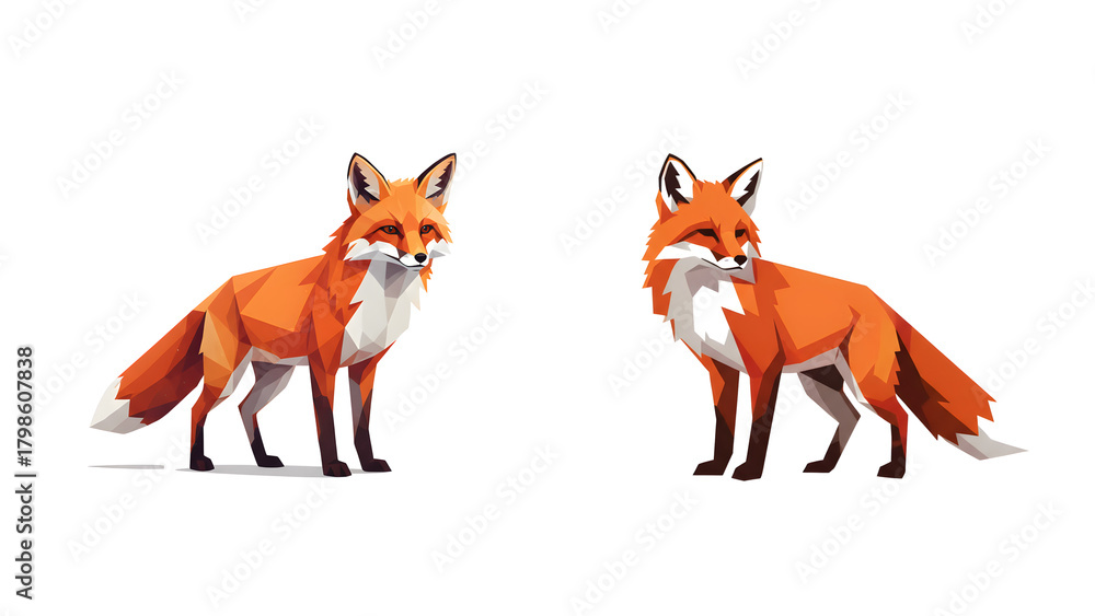 Fototapeta premium Pair of red foxes in low poly or polygonal geometric illustration style, isolated on transparent background