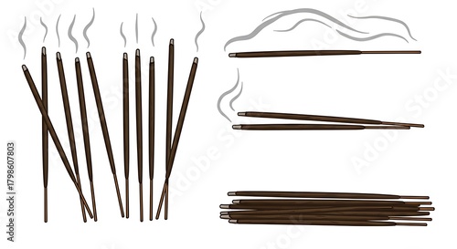 Assorted incense sticks with wisps of smoke, isolated on a white backdrop