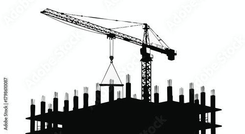 Silhouette of a construction crane lifting a building component, symbolizing progress and architectural development against a clear white backdrop.