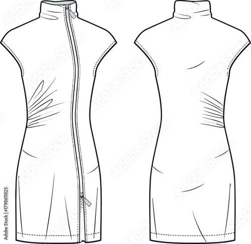 Fashion flat sketch of sleeveless high-neck dress with front zipper, ruched side details, technical garment illustration for designers and clothing development