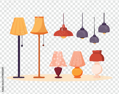 Collection of colorful lamps for interior decoration on transparent background