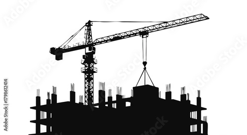 A silhouette of a construction crane lifting a building component onto the framework of a new high-rise structure, representing progress and development.