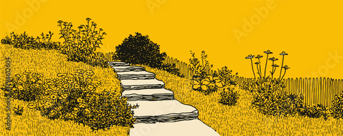 A yellow and brown drawing of a path with steps and a bush. The path is winding and the steps are made of stone