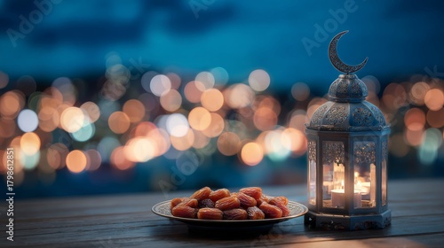 Ramadan kareem lantern with crescent moon on top beside a small plate of dates against a glowing city bokeh night sky celebrating islamic holy month traditions