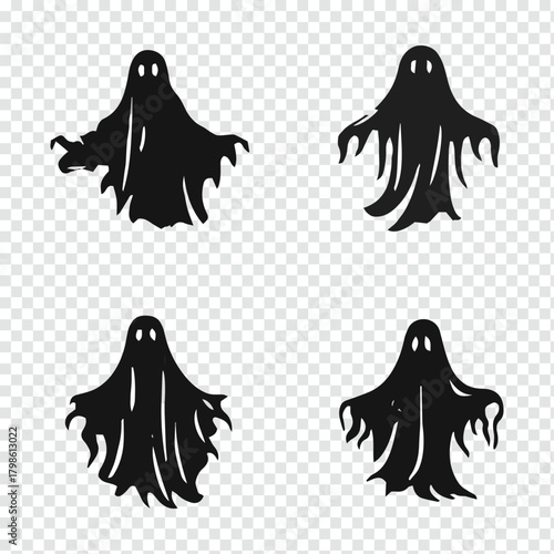 Collection of Spooky Halloween Ghost Silhouette Vectors on Transparent Background