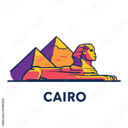 2D icon of Cairo showing simplified pyramids and a stylized Sphinx silhouette