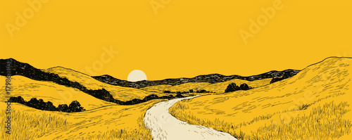 The image is a yellow and black drawing of a road with a sunset in the background. The road is winding through a grassy field