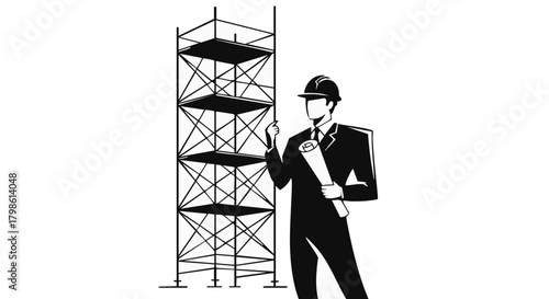 An engineer stands confidently beside a tall scaffolding structure, holding blueprints, representing construction and design.