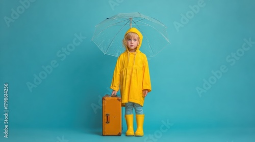 Fototapeta Naklejka Na Ścianę i Meble -  Child in bright yellow raincoat holding suitcase and umbrella, standing outdoors on a rainy day with overcast sky, ready for travel or adventure.