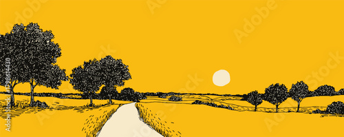 The image is a black and yellow drawing of a road with trees and a sun in the sky. The road is surrounded by a field of grass