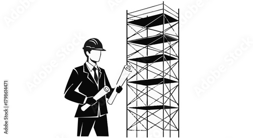 An architect in a hard hat and suit reviews blueprints near a tall scaffolding structure, planning construction details for a new project.