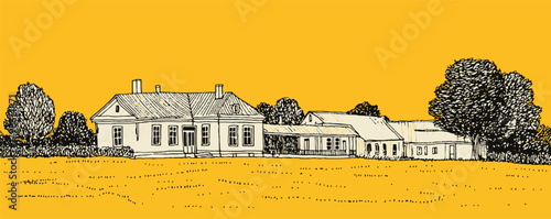 A yellow and white drawing of a house and a farm. The house is old and has a lot of windows. The farm has a lot of trees and a field
