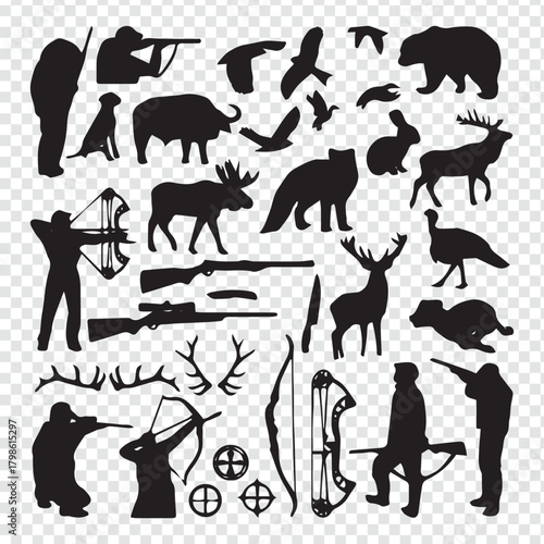 Hunting silhouettes with animals hunters and equipment for outdoor activities