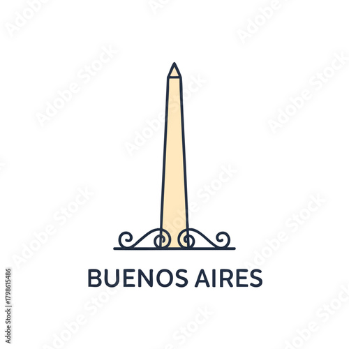 Elegant 2D icon of Buenos Aires featuring a simplified Obelisco with smooth vertical lines and subtle decorative curves