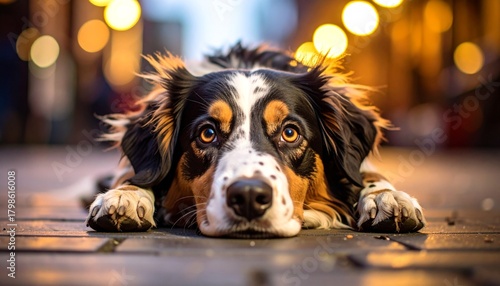 Adorable dog laying on pavement.