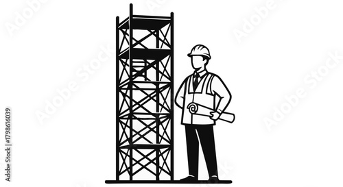 A construction worker stands beside a tall scaffolding, holding blueprints, representing building and architectural planning and safety.