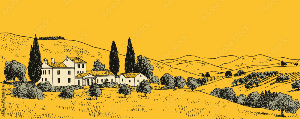 Fototapeta premium A yellow and orange landscape with a house and trees. The house is white and the trees are green. The landscape is peaceful and serene