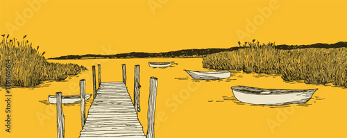 A yellow background with a dock and a pier. A few boats are docked at the pier