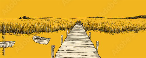 A yellow background with a wooden bridge and a boat in the foreground. The boat is located near the left side of the bridge