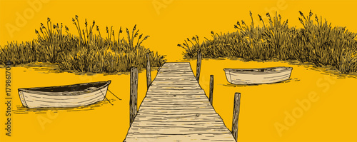 The image is a drawing of a dock with two boats on it. The boats are small and white, and they are floating in the water near the dock