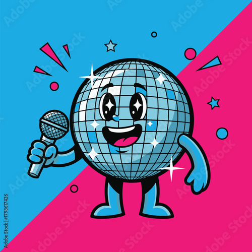 A cartoon disco ball character with arms and legs, holding a microphone and singing with a happy expression.