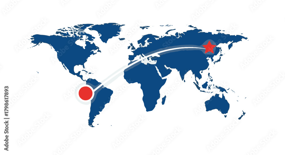 Naklejka premium Global trade route illustration: Brazil to China, featuring stylized world map and shipping path. Conceptual shipping and global business vector.