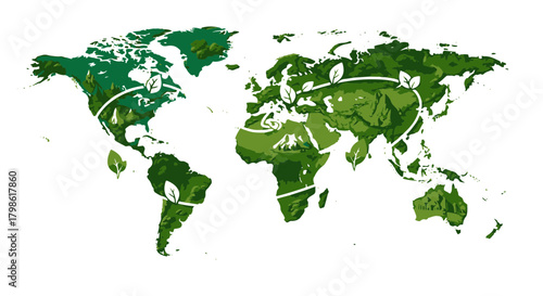 Green Eco World Map Vector Illustration with Leaf Accents for Sustainable Earth Concept