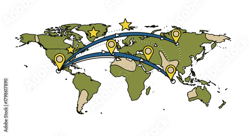 Worldwide Logistics Network Illustration: Global Supply Chain, International Shipping Routes and Location Pin Markers on World Map, Vector