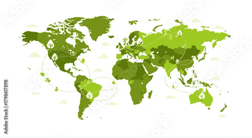 Green World Map Illustration with Leaf Symbols and Dotted Travel Routes, Sustainable Global Connections Vector