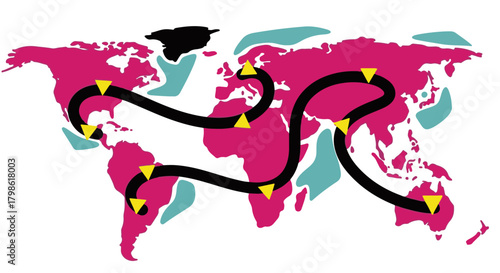 Around the world trip path vector illustration: Global adventure route plan with destinations and travel itinerary, modern design and simple outline